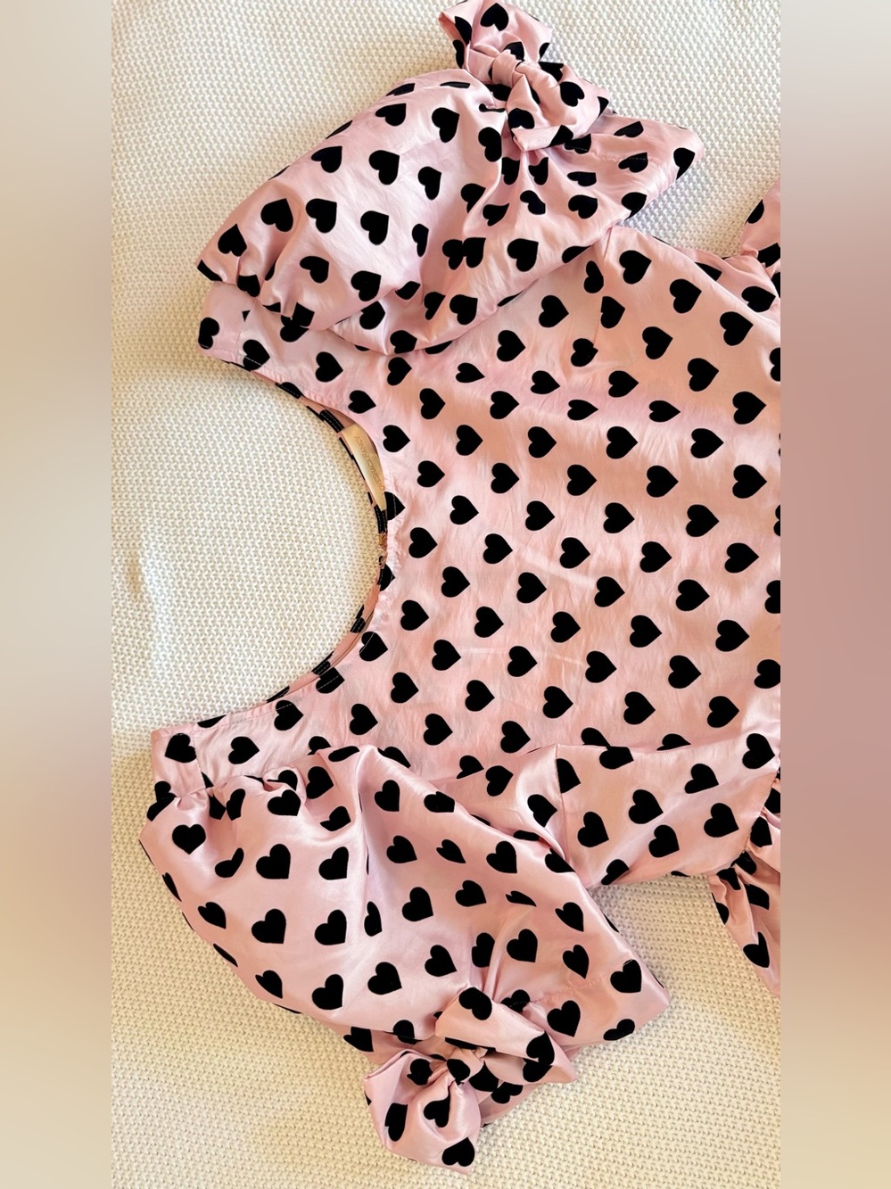 LOVESHACKFANCY Pink Taffeta & Black Velvet Heart Peplum Top Puff Sleeve Blouse - Picture 11 of 16